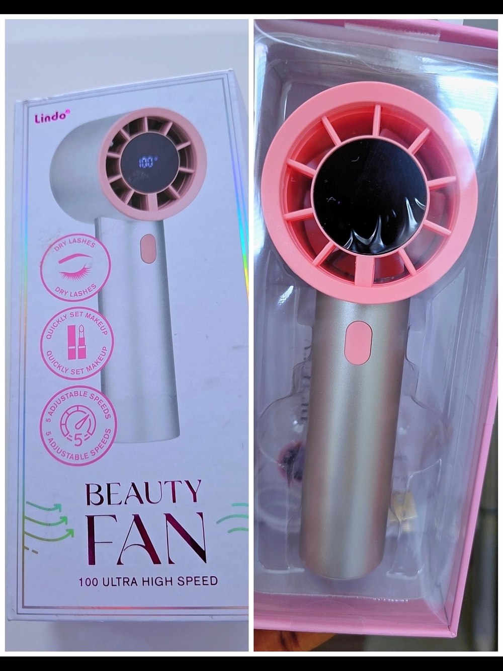Lindo Rechargeable Beauty Fan | 5-Speed Handheld Fan for Lashes, Makeup, Travel